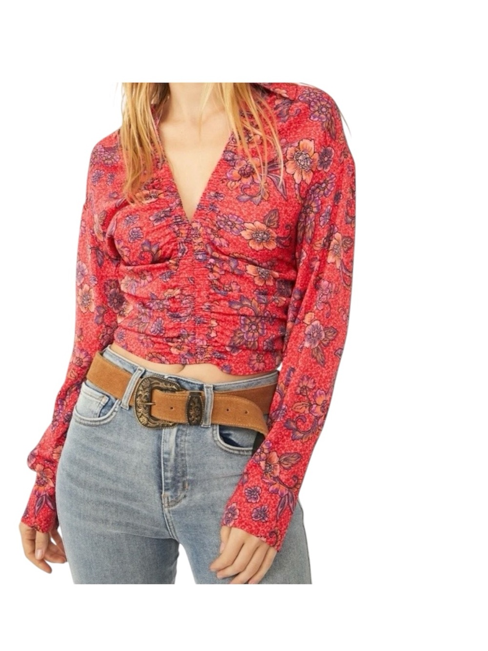 Free People I Got You Printed Red Floral Ruched V-Neck Crop Top Size Medium